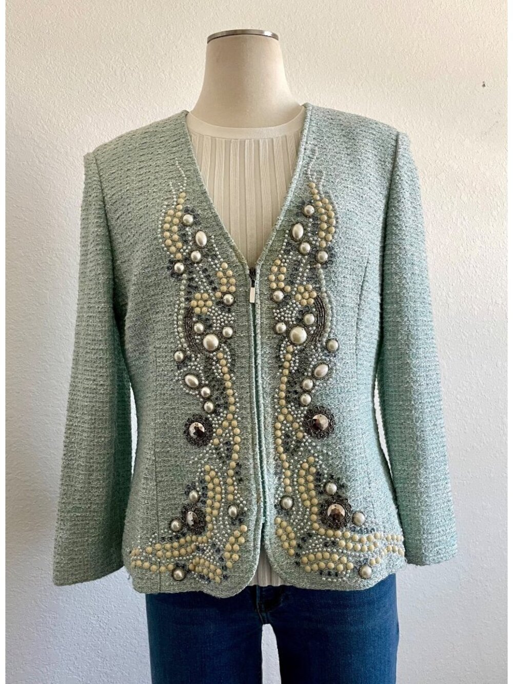 St. John Couture Mint Green Tweed Ornately Embellished Jacket Size 10